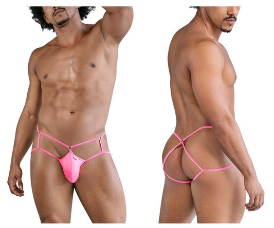Bright pink candyMan 99831 cage jockstrap with sheer mesh, crisscross back straps, and central front panel