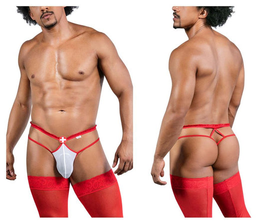 Candyman 99833 red and white lace-trimmed men’s thong with central cross design in red and white
