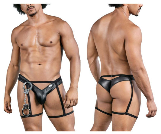 Black leather-like harness underwear with attached silver handcuffs in candyman 99835 police outfit color black