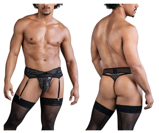 Black lace thong with matching garter belt and sheer stockings in the CandyMan 99837 lace-garter outfit color black