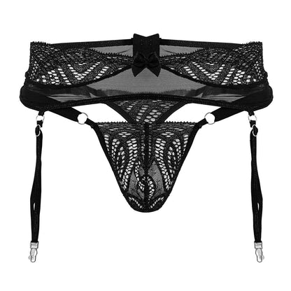 Black lace garter belt candyMan 99837 with central bow and adjustable straps in black color