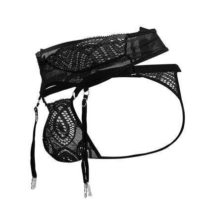 Black lace garter belt candyMan 99837 with mesh panels and adjustable straps in black shown from the back side
