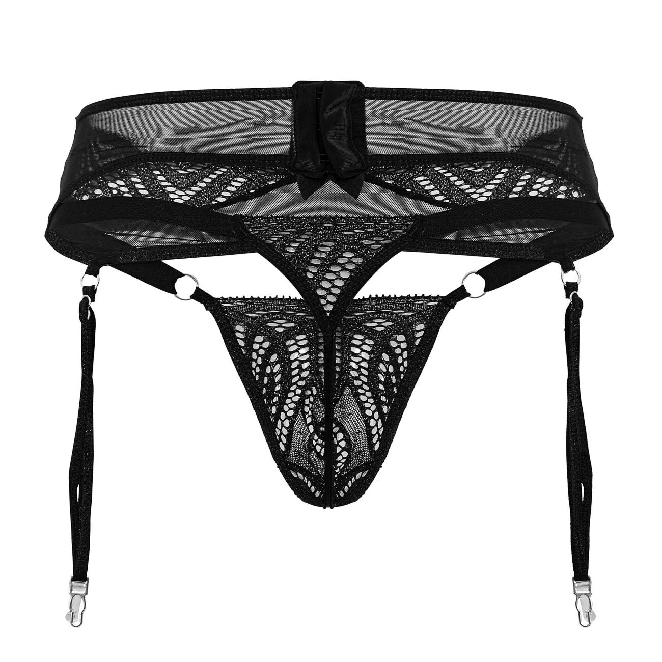 Black lace garter belt candyMan 99837 with mesh and bow detail in black for elegant lingerie wear