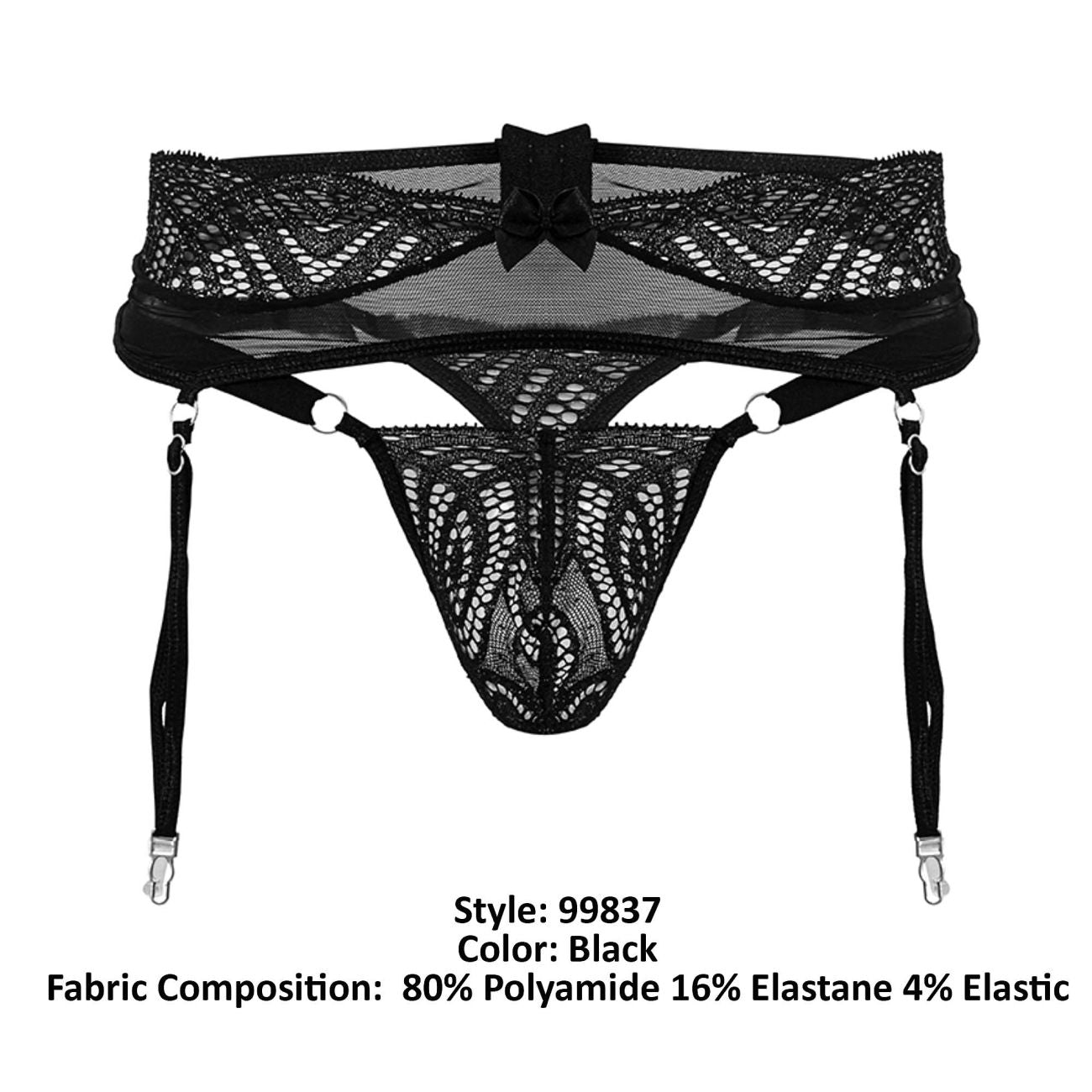 Black lace CandyMan 99837 garter belt with central bow and adjustable straps for lingerie outfit