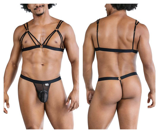 Black mesh thong with solid black triangular front panel and adjustable straps from candyman 99838 two piece outfit