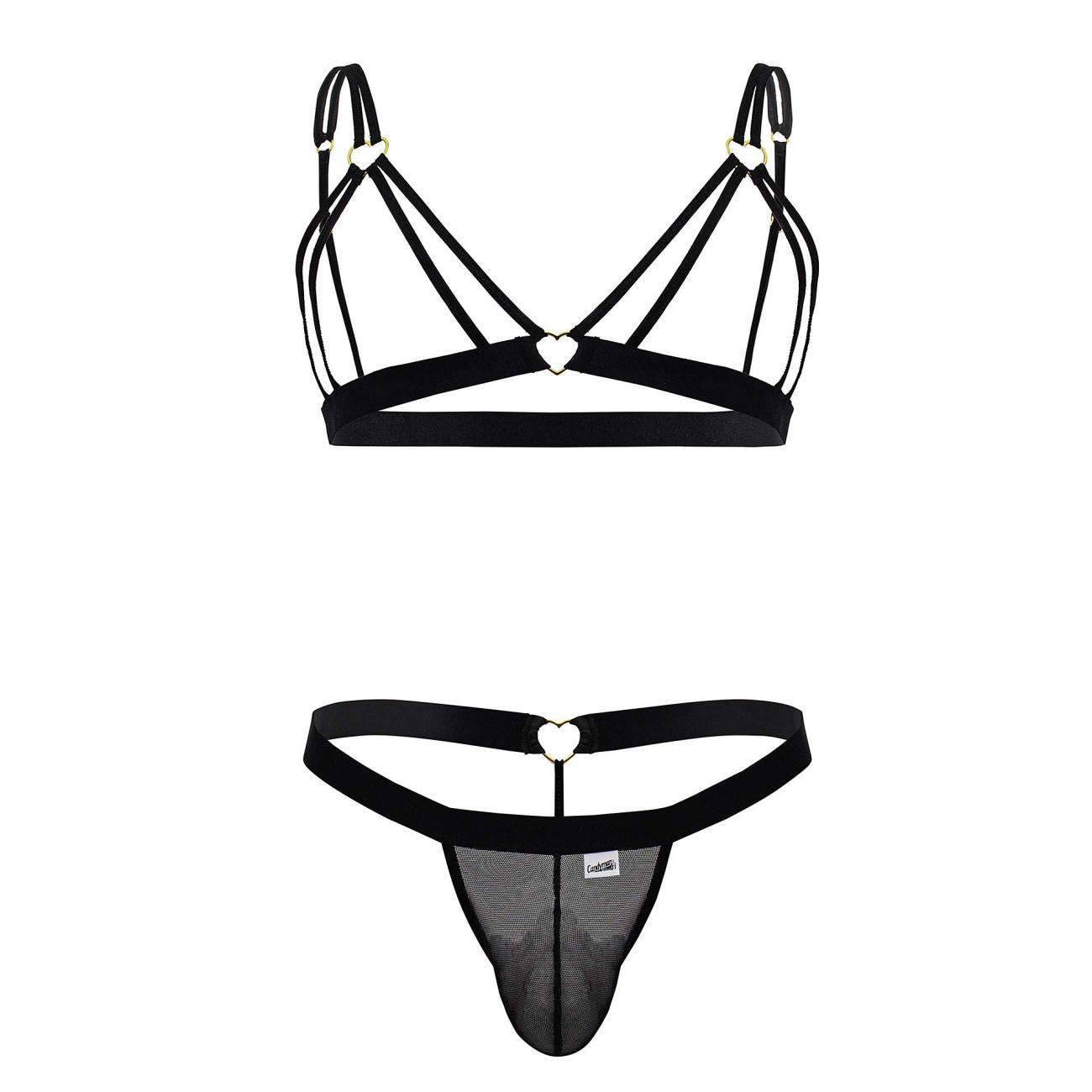 Black lace-trimmed thong with heart-shaped metal accents and mesh paneling from Candyman 99838 two piece outfit in black