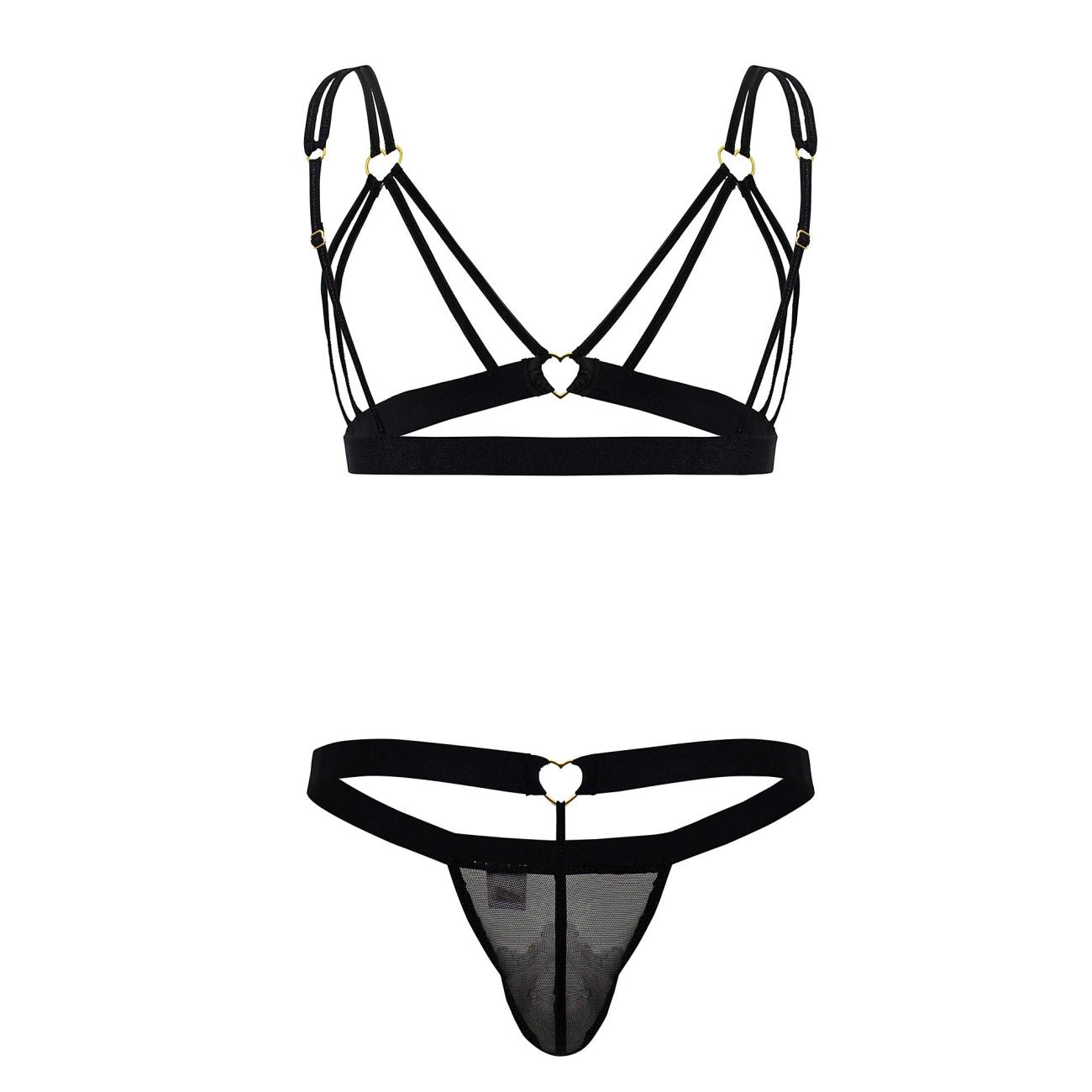Black lace-trimmed thong with heart-shaped metal clasp and matching black bra set candy man 99838 two piece outfit