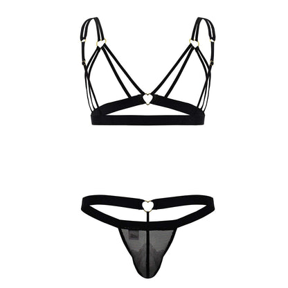 Black lace-trimmed thong with heart-shaped metal clasp and matching black bra set candy man 99838 two piece outfit