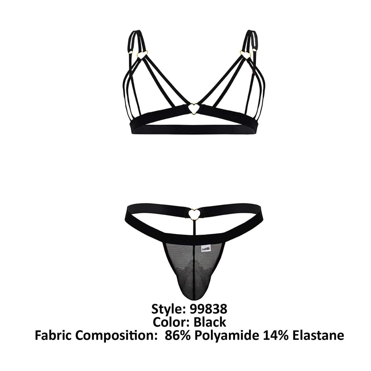 Black candyMan 99838 two piece outfit thong with lace trim heart-shaped metal clasps and mesh panel