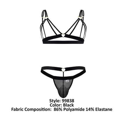 Black candyMan 99838 two piece outfit thong with lace trim heart-shaped metal clasps and mesh panel