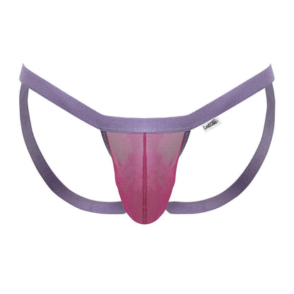 CandyMan 99841 mesh thong in hot pink with purple and pink mesh and wide elastic straps shown from the back