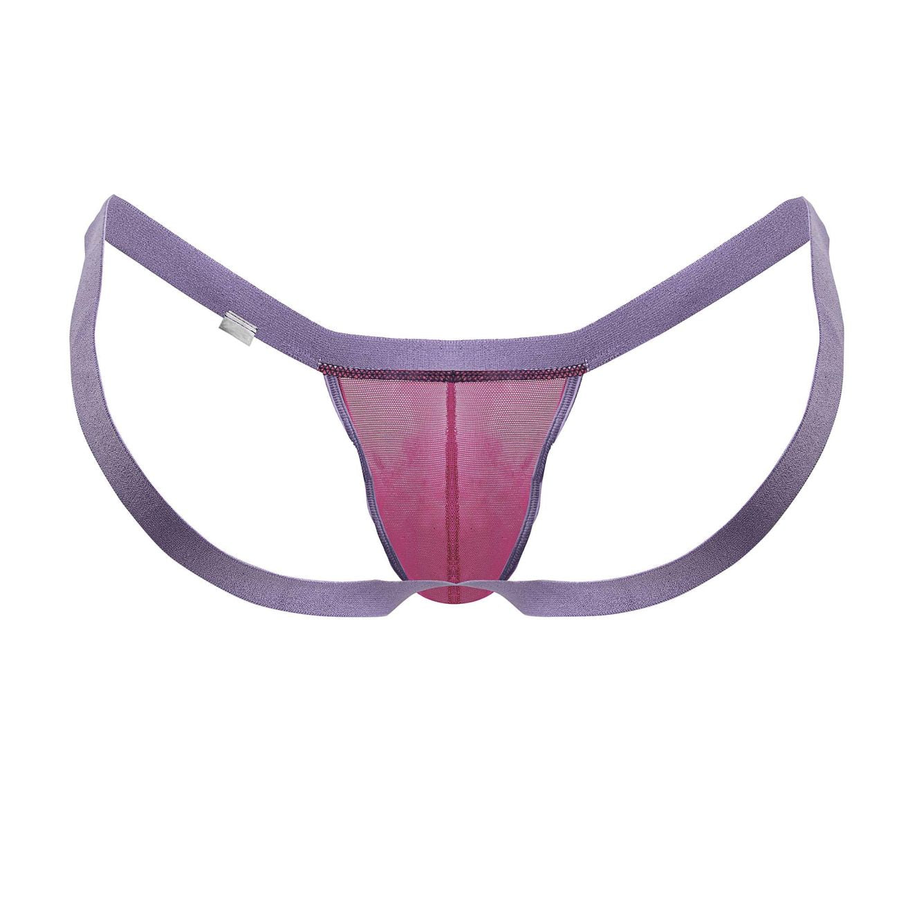 CandyMan 99841 mesh thong in hot pink with purple and pink mesh and wide elastic straps shown from back side