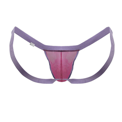 CandyMan 99841 mesh thong in hot pink with purple and pink mesh and wide elastic straps shown from back side