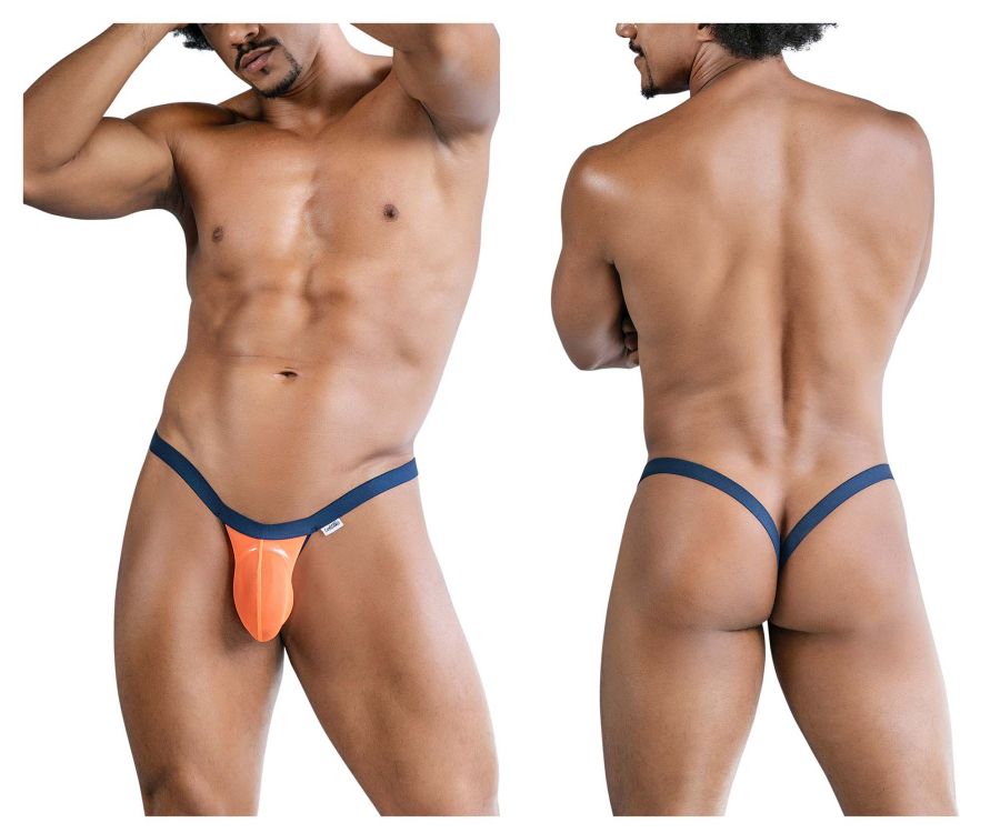 Candyman 99841 mesh thong in orange with navy blue jockstrap design featuring a supportive contoured fit