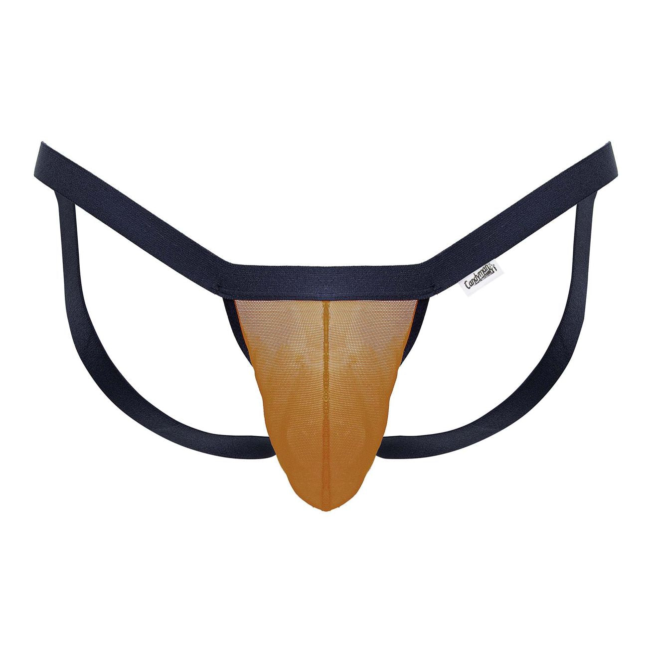 Navy blue and gold mesh thong with branded tag by CandyMan 99841 designed in orange color scheme