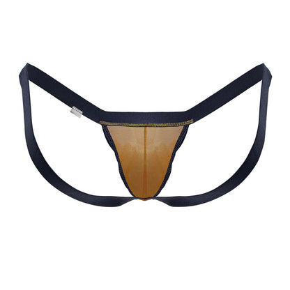 CandyMan 99841 mesh thong in navy blue and tan with elastic straps made of breathable mesh material