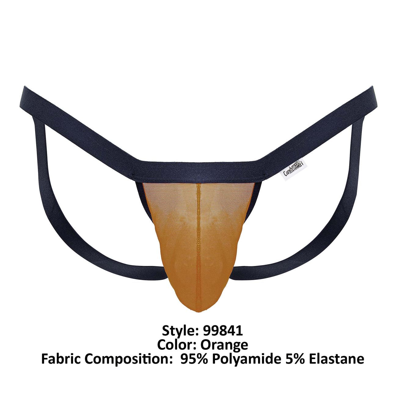 Orange CandyMan 99841 mesh thong with black elastic straps showcasing mesh material and bright color