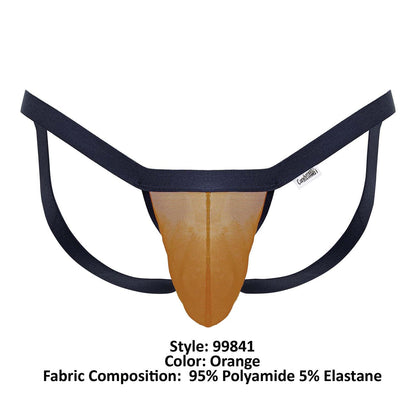 Orange CandyMan 99841 mesh thong with black elastic straps showcasing mesh material and bright color
