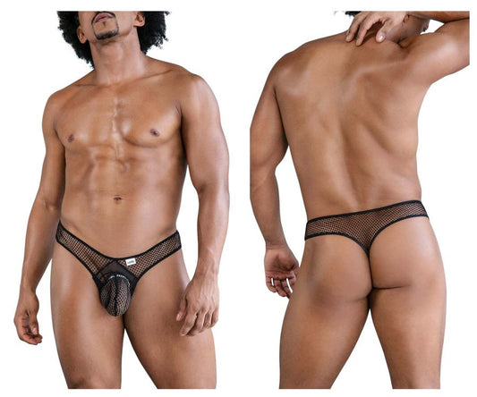 Black mesh thong candyMan 99843 with central pouch and reinforced waistband made of fishnet material