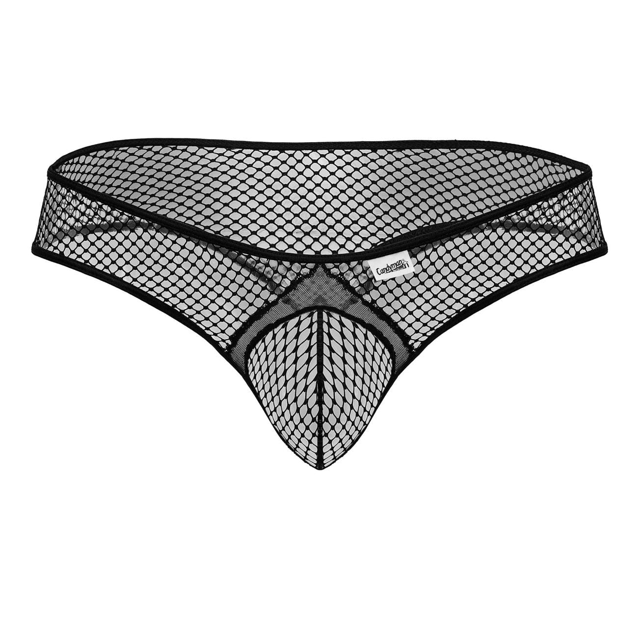 Black candyman 99843 fishnet thong with diamond pattern mesh and reinforced waistband visible from the back side