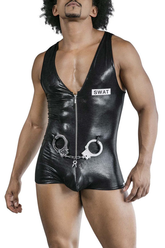 Black shiny vinyl swat-themed CandyMan 99844 police bodysuit with silver handcuffs and zipper front