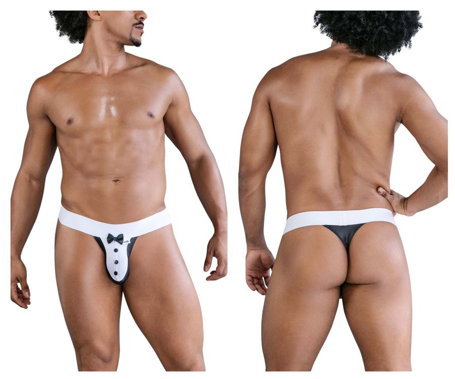 CandyMan 99846 tuxedo thongs in black featuring white and black briefs with bow tie design on the front