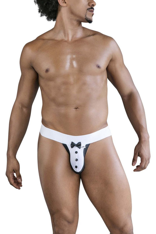 White tuxedo-themed thong in black with bow tie and button details from CandyMan 99846 collection