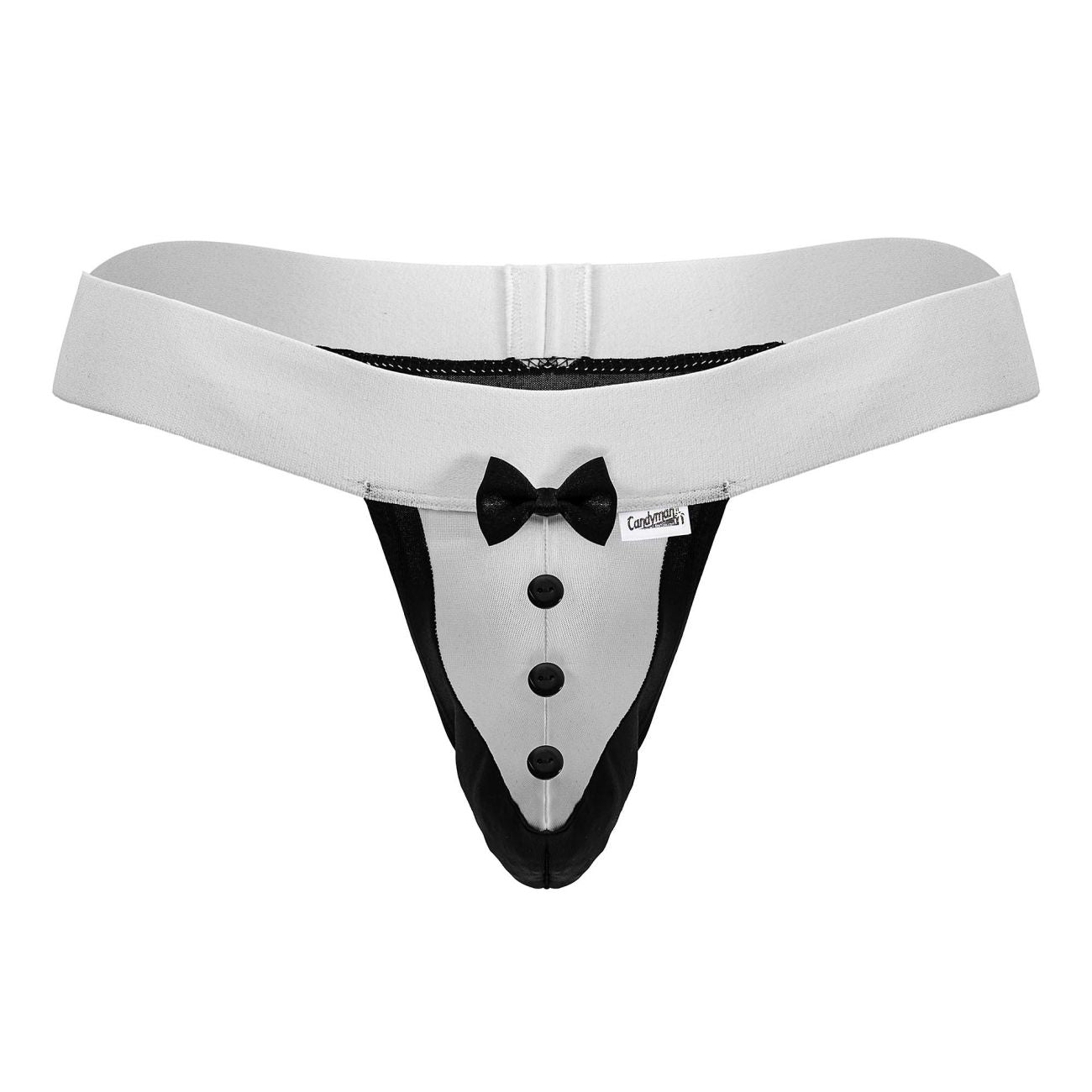 CandyMan 99846 tuxedo thong in white with black trim buttons and bow tie detail for stylish intimate wear