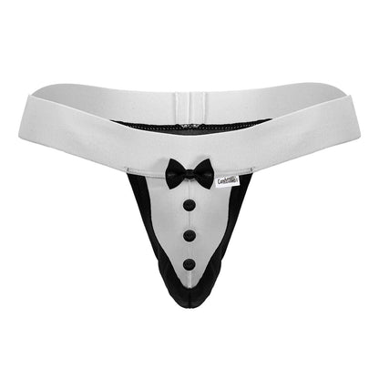 CandyMan 99846 tuxedo thong in white with black trim buttons and bow tie detail for stylish intimate wear