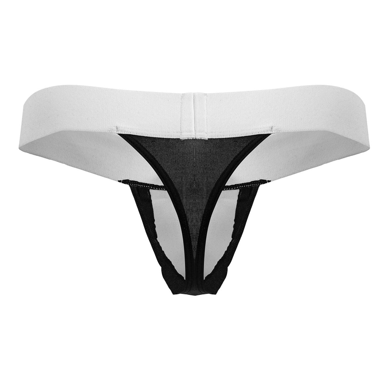 White and black CandyMan 99846 tuxedo thong with solid white waistband mesh panel and thin black straps