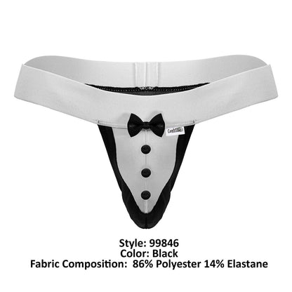 Black and white tuxedo thong with bow tie detail candyMan 99846 tuxedo thongs color black front view