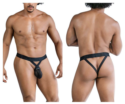 Black nylon CandyMan 99847 mesh thong with central pouch and crisscross back straps showing the back side