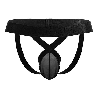 Black CandyMan 99847 mesh thongs with satin waistband featuring embossed logo in black mesh briefs style