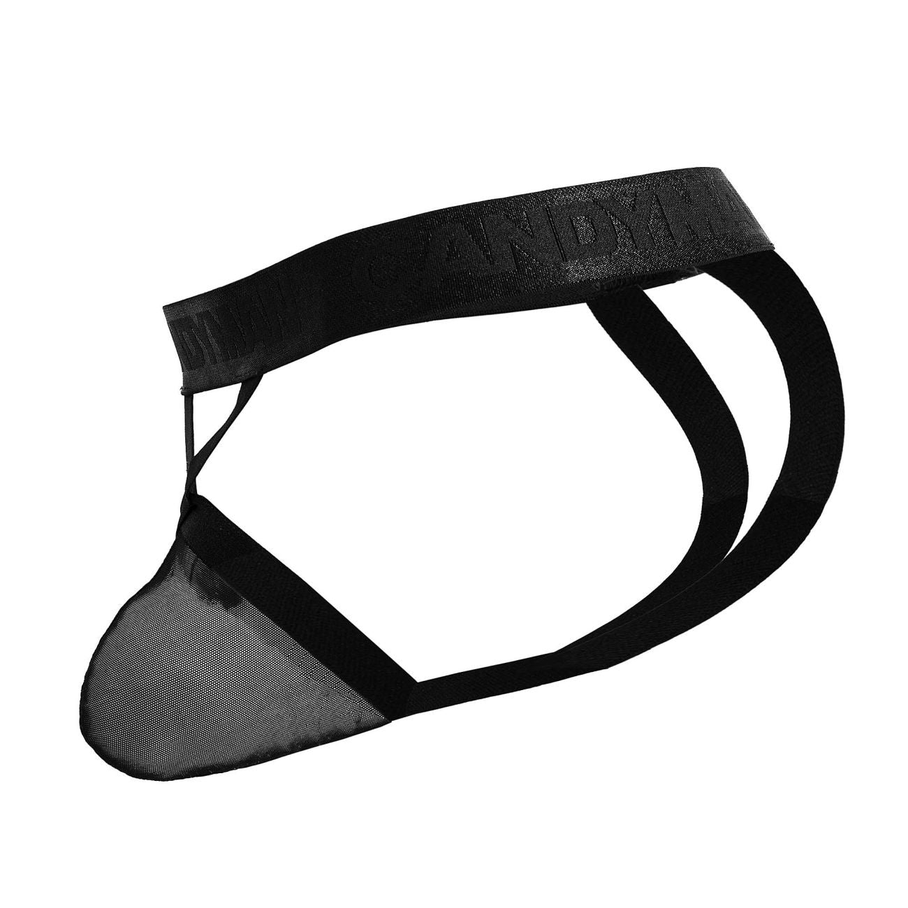 Black mesh thong with solid elastic waistband embossed with brand name andy from Candyman 99847 collection