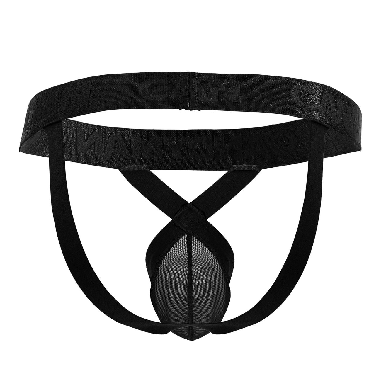 CandyMan 99847 black mesh thong with solid waistband and crossed leg straps shown from the back side