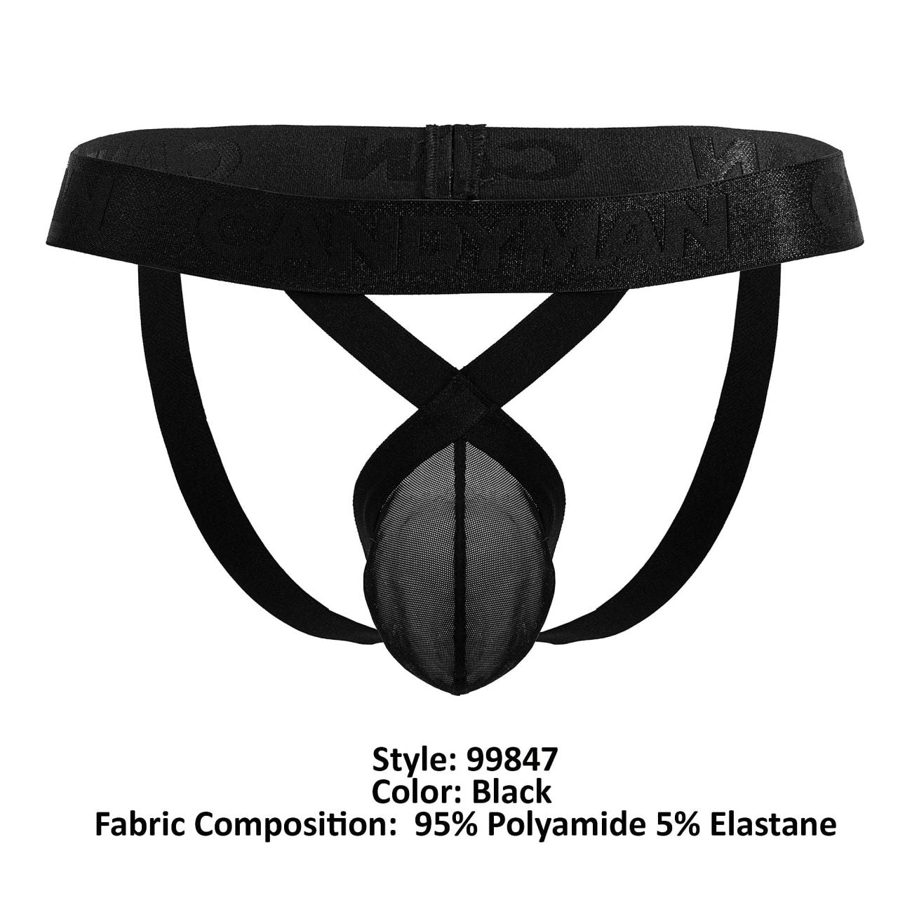 Black candyman 99847 mesh thong briefs with elastic waistband and embossed lettering front panel detail