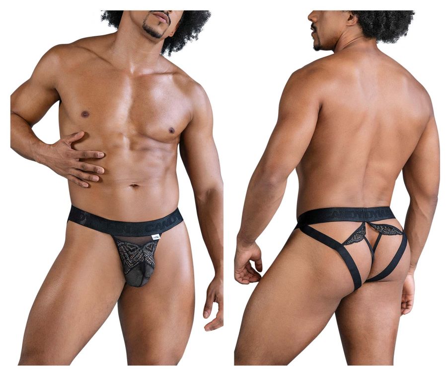 Black candyMan 99849 lace-mesh thongs with lace trim, sheer mesh front panel, and adjustable side straps