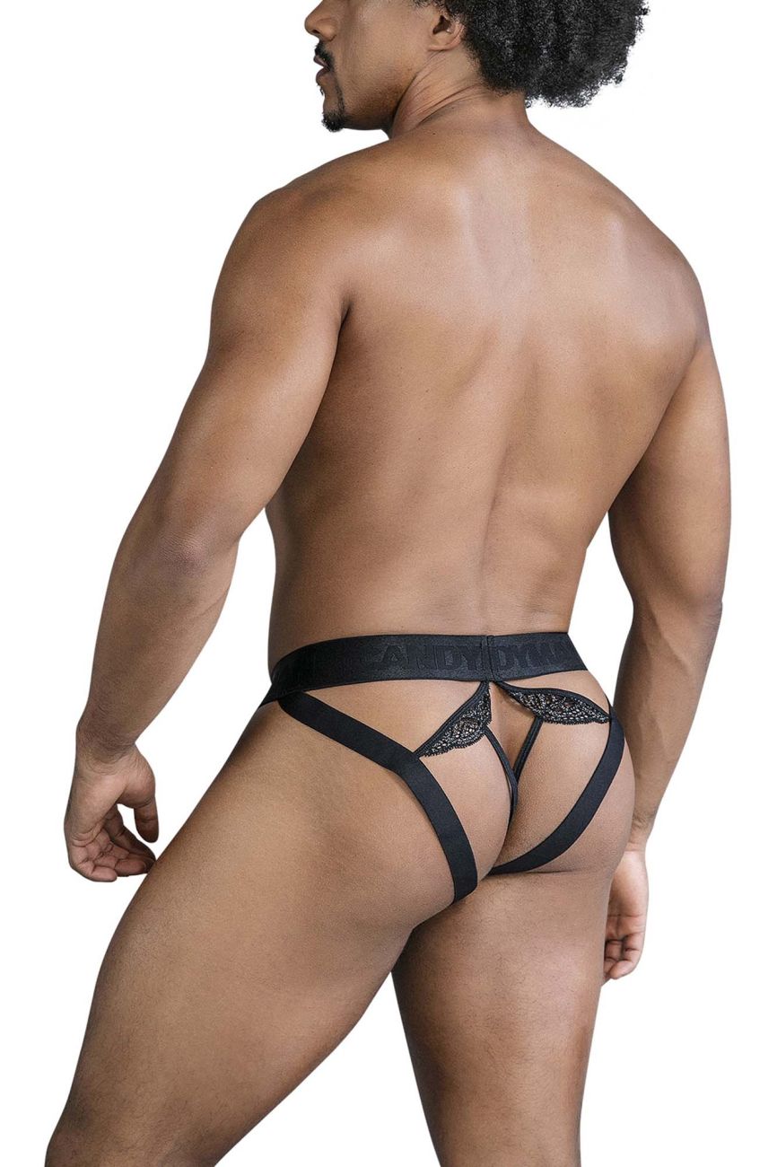 Black candy man 99849 lace mesh thong with lace trim and wide elastic waistband in black shown from the back