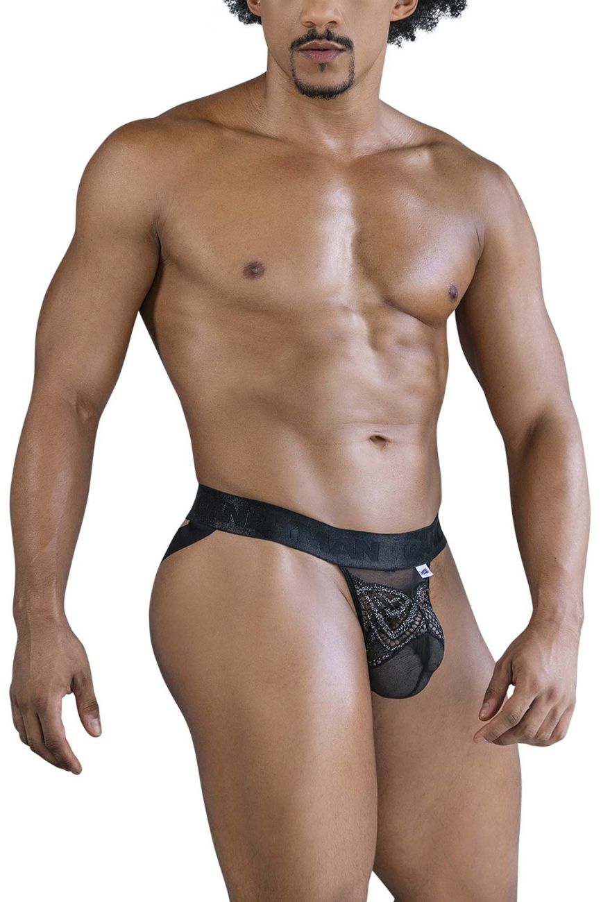 Black candyMan 99849 lace-mesh thong with sheer mesh, diamond-encrusted panel, and solid black waistband