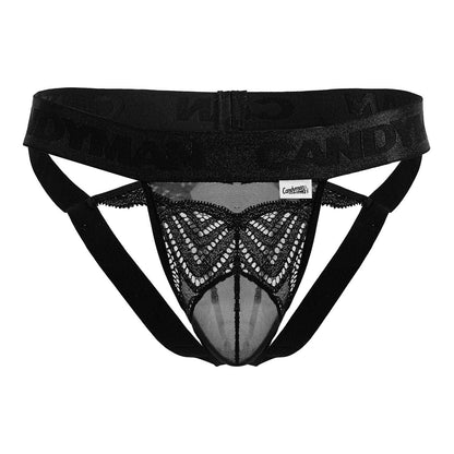 Black lace thong with butterfly pattern and branded waistband from candyman 99849 lace-mesh thongs color black