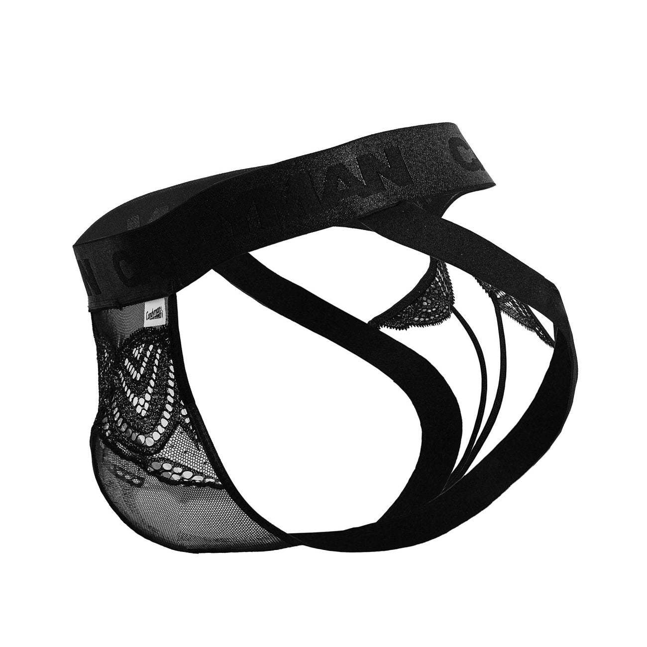 Black lace-trimmed CandyMan 99849 lace-mesh thongs with solid black waistband and supportive straps for men