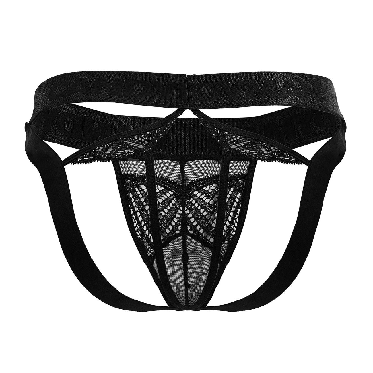 Black lace mesh thong with elastic waistband showing back side from candyman 99849 lace-mesh thongs color black