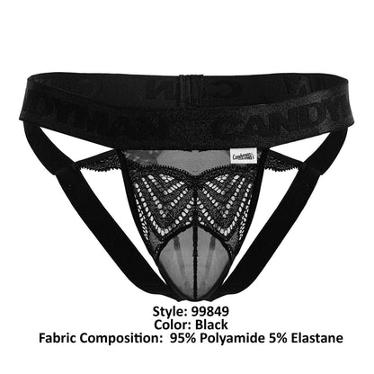 Black lace thong candy man 99849 with sheer mesh front and solid elastic waistband in black color