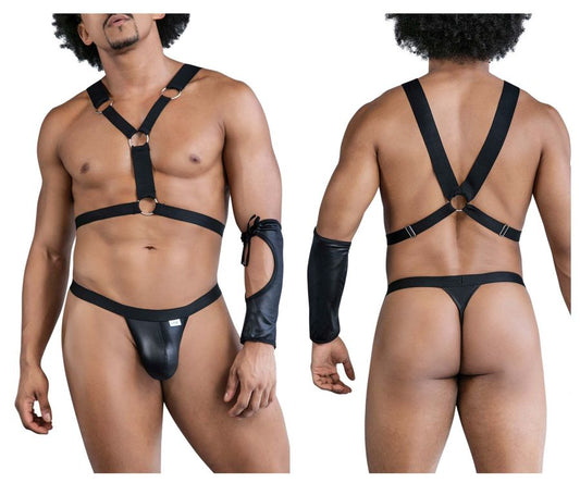 Black leather-like harness set with metallic rings and matching arm cuff candy man 99850 three piece outfit black