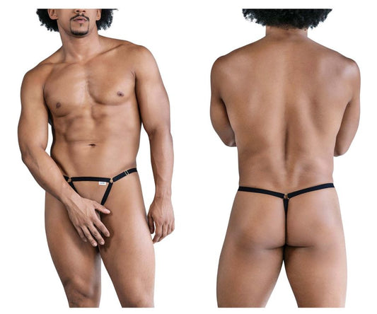 Black candyMan 99852 nudist thong with gold-tone hardware and small white label on front
