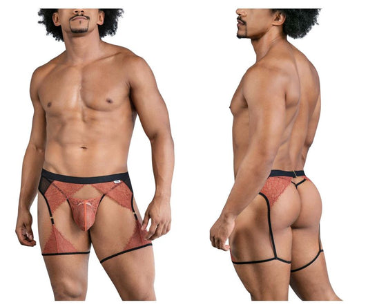 Rust-colored lace men’s briefs with black trim and garter straps from candyman 99854 lace-garter outfit