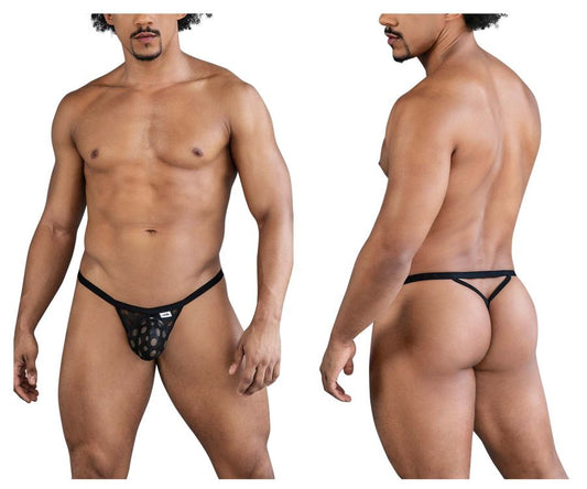 Black candyMan 99856 polka mesh thong with subtle lace pattern and thin supportive straps for comfortable wear