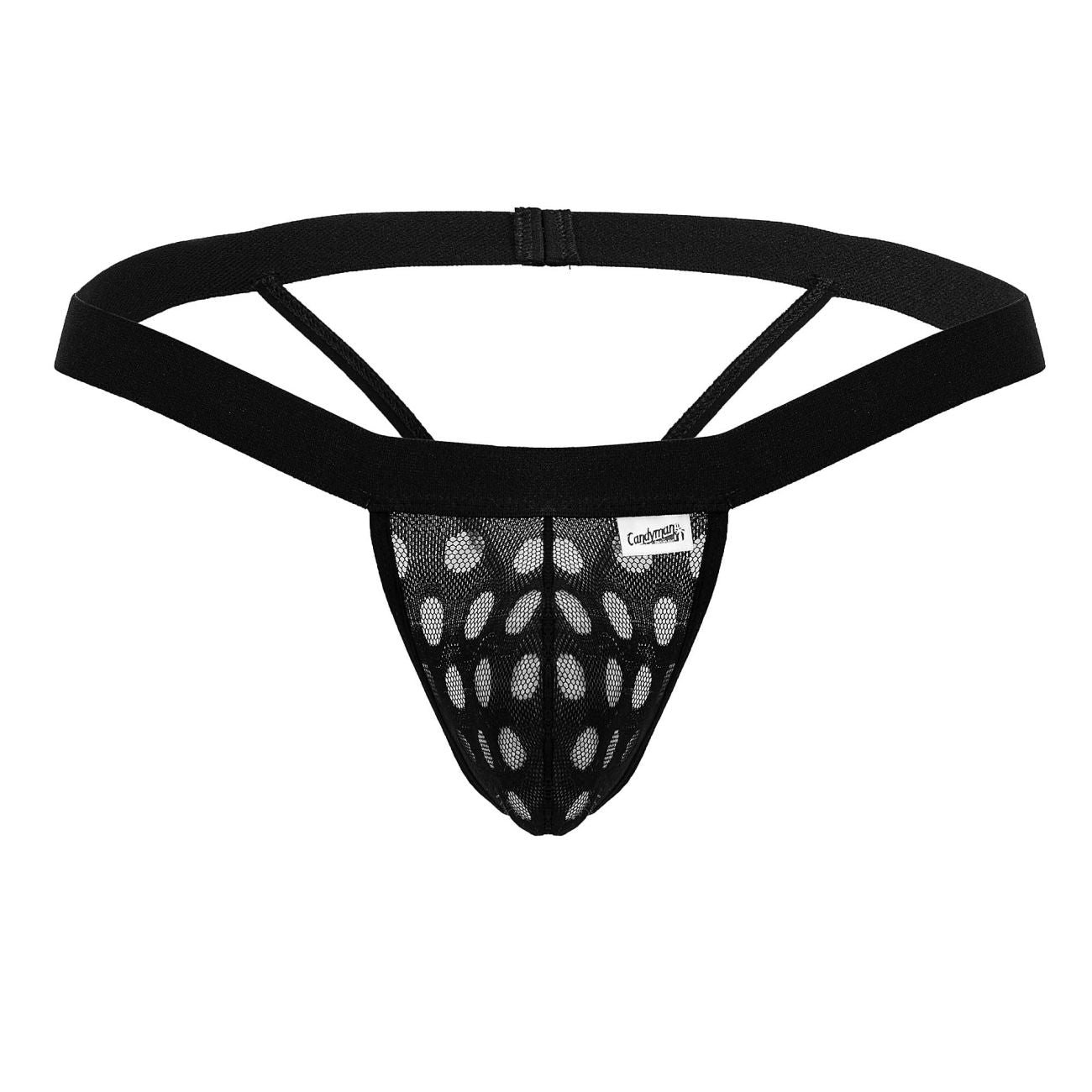 Black mesh thong candyMan 99856 with solid waistband adjustable straps and oval-patterned design in black