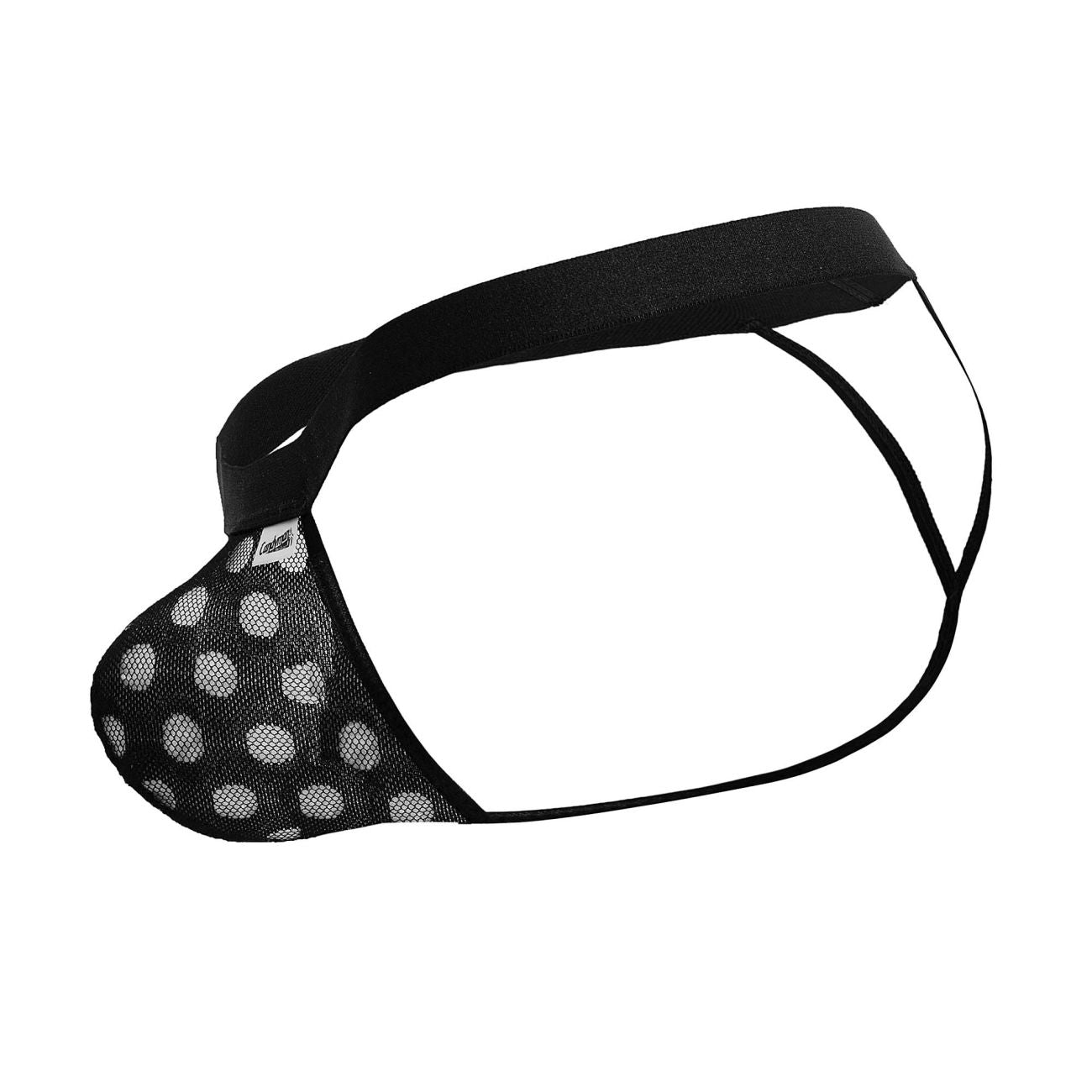 CandyMan 99856 polka mesh thongs in black featuring a black mesh brief with white polka dots and solid waistband