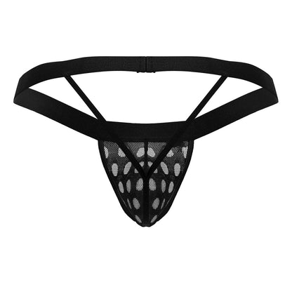 Black mesh thong candyMan 99856 with solid elastic waistband and triangular cutouts in black color